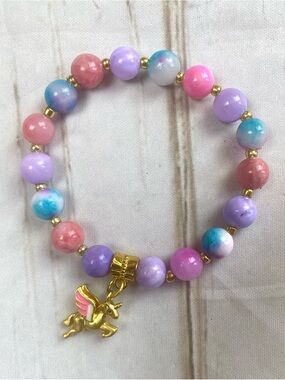 Kids Multicolor Beaded Unicorn Charm Bracelet - Gold Accent